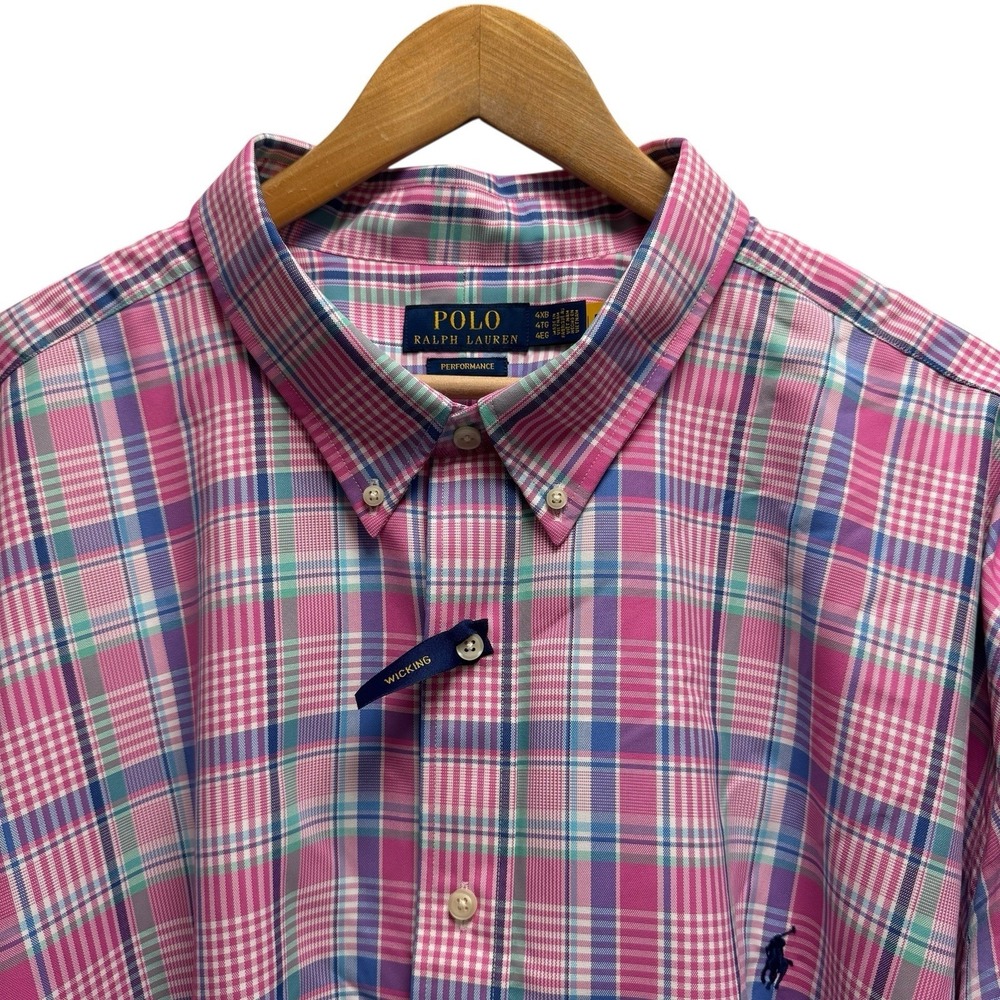 Polo Ralph Lauren NEW Men's 4XB Big Pink/Green/Blue Plaid Performance Pony Shirt
